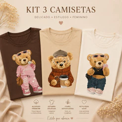 Kit 3 Camisetas Feminina Urso Bear Fashion Estilo Minimalista T-shirt 100% Algodão 30.1 Envio Imediato