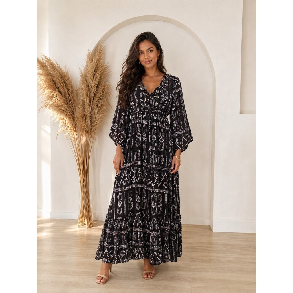 Vestido Longo Feminino Boho Chic Manga Longa, Decote V e Caimento Fluido-GE00690