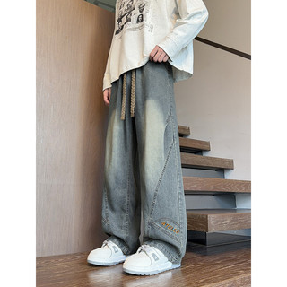 Americano Retro carta bordado Jeans masculino primavera solto em linha reta calças de perna larga gordurosa tamanho gran