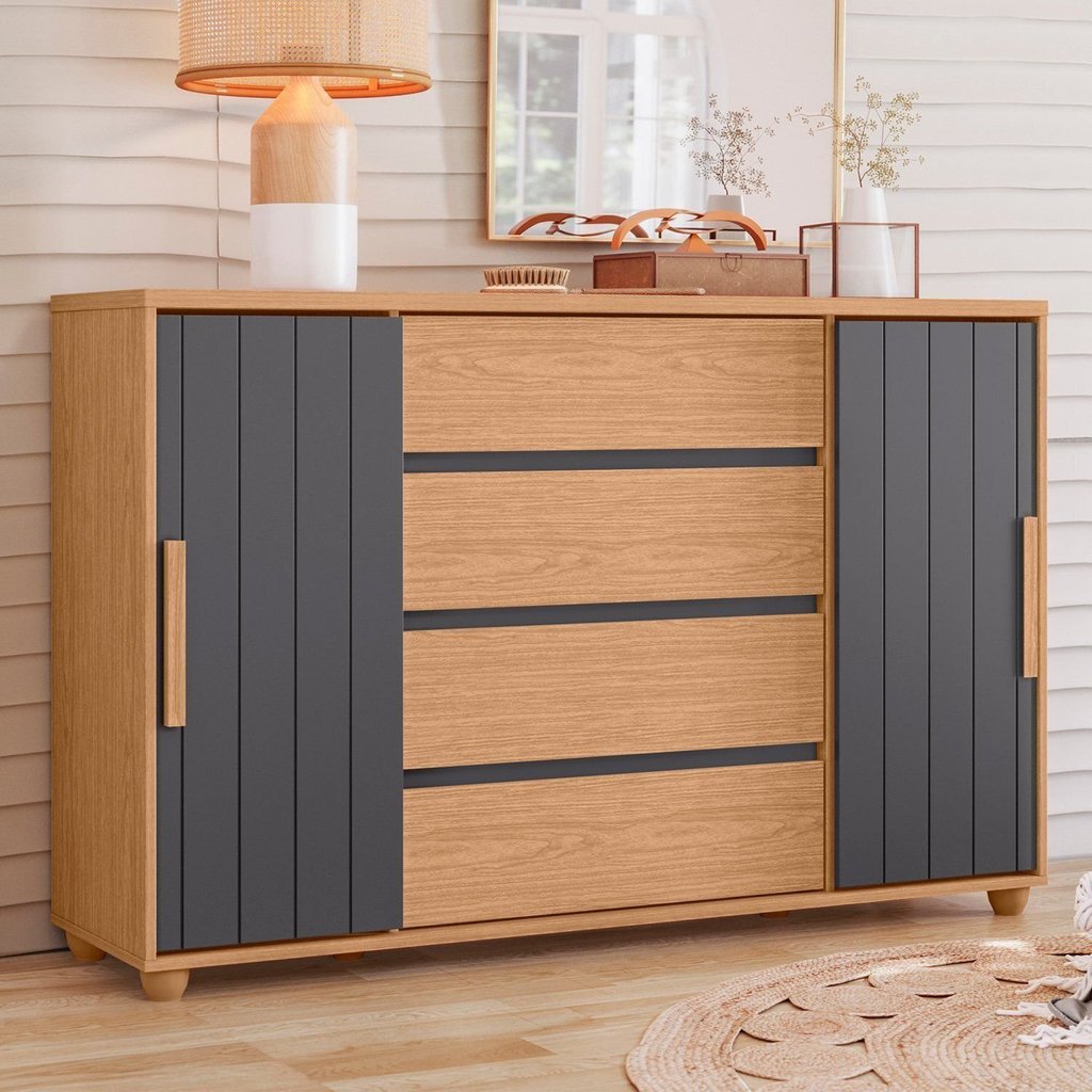 Cômoda para Quarto 4 Gavetas e 2 Portas Evidenza Marrom/Freijó/Off White/Titanium Freijó/Titanium