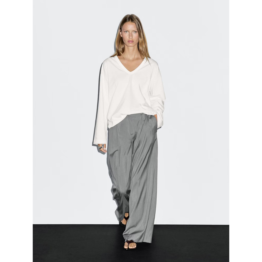 MD Camiseta feminina outono inverno novo estilo casual com decote em V solto estilo viajante puro algodão casual malha d