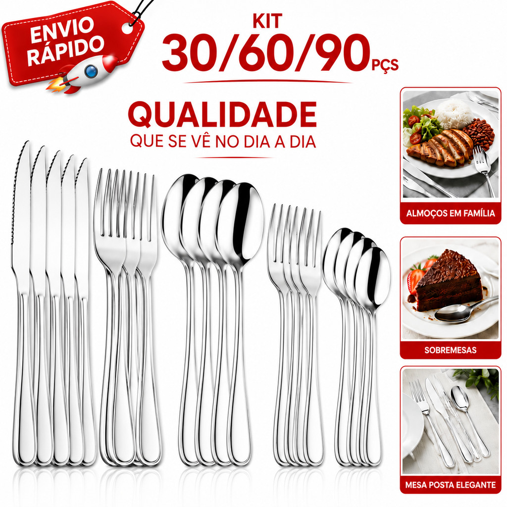 Faqueiro 90 Peças Jogo de Talheres em Aço Inox Premium Completo para Refeições Sobremesas e Churrasco