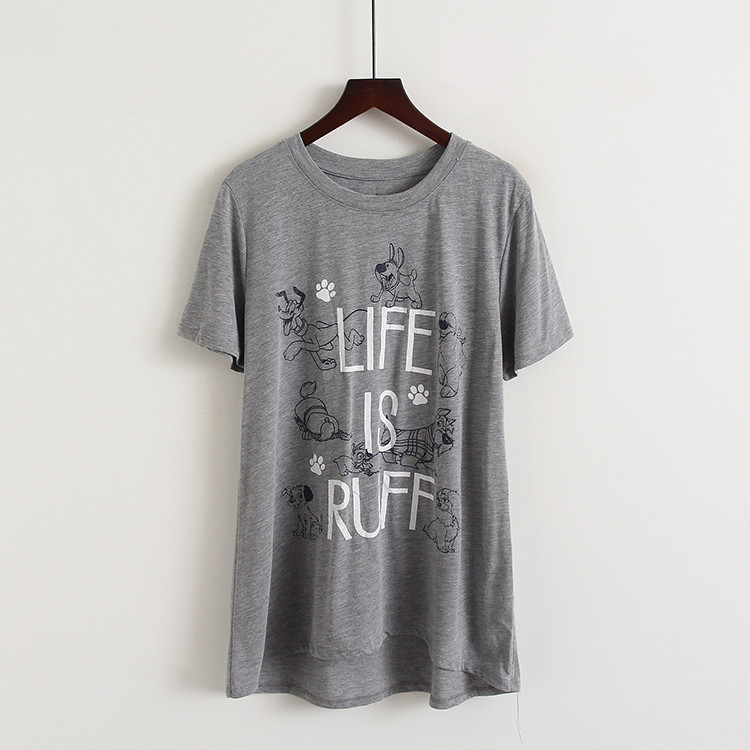 Comércio exterior roupas femininas cor sólida carta dos desenhos animados impresso Animal de manga curta camiseta solta 