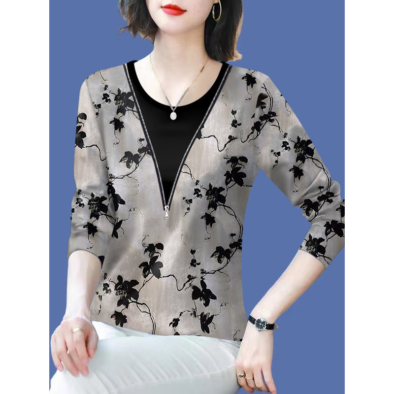 Camiseta feminina de manga comprida estampada com vazamento, primavera outono, tamanho grande, manga comprida, cobertura
