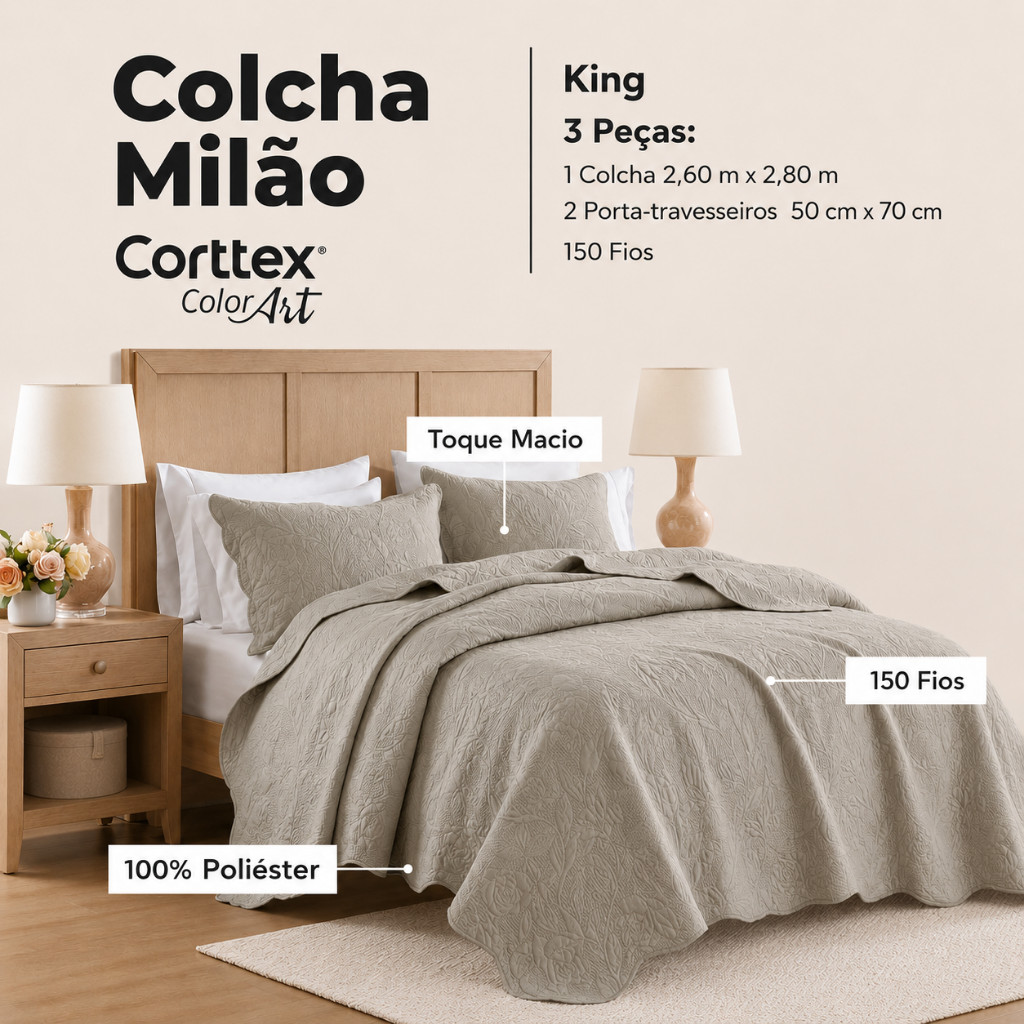 Colcha Cobre Leito King Corttex Milão 3 Peças 150 Fios Toque Macio