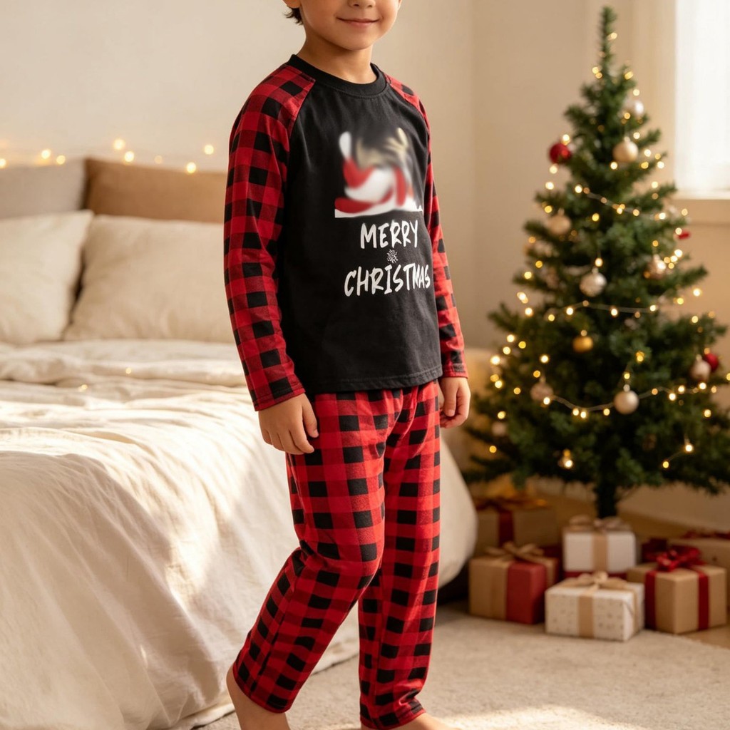 Conjunto de pijama infantil de Natal com estampa de letras e xadrez, confortável e estiloso para uso doméstico, para men