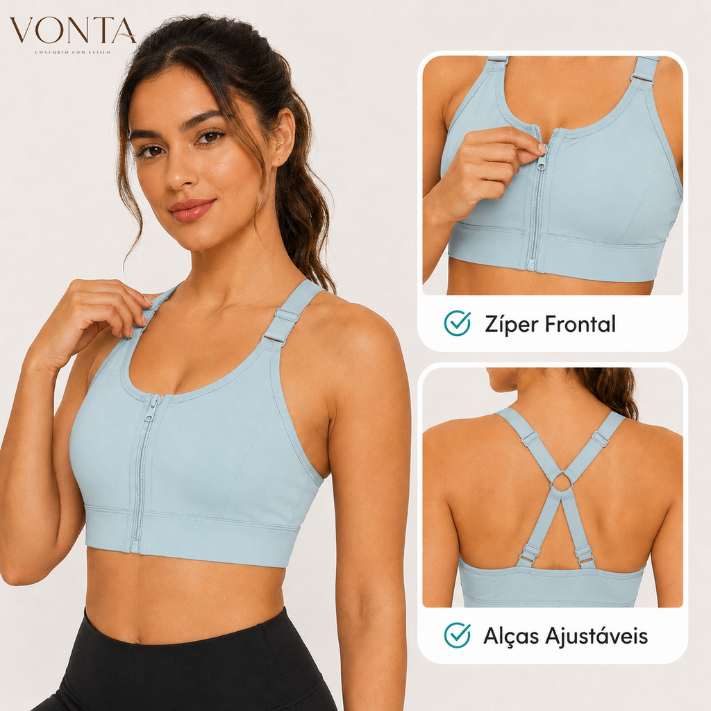 Kit2 Top Fitness Feminino com Zíper Frontal Academia Yoga Pilates Treino Caminhada Sutiã Esportivo Alças Ajustáveis