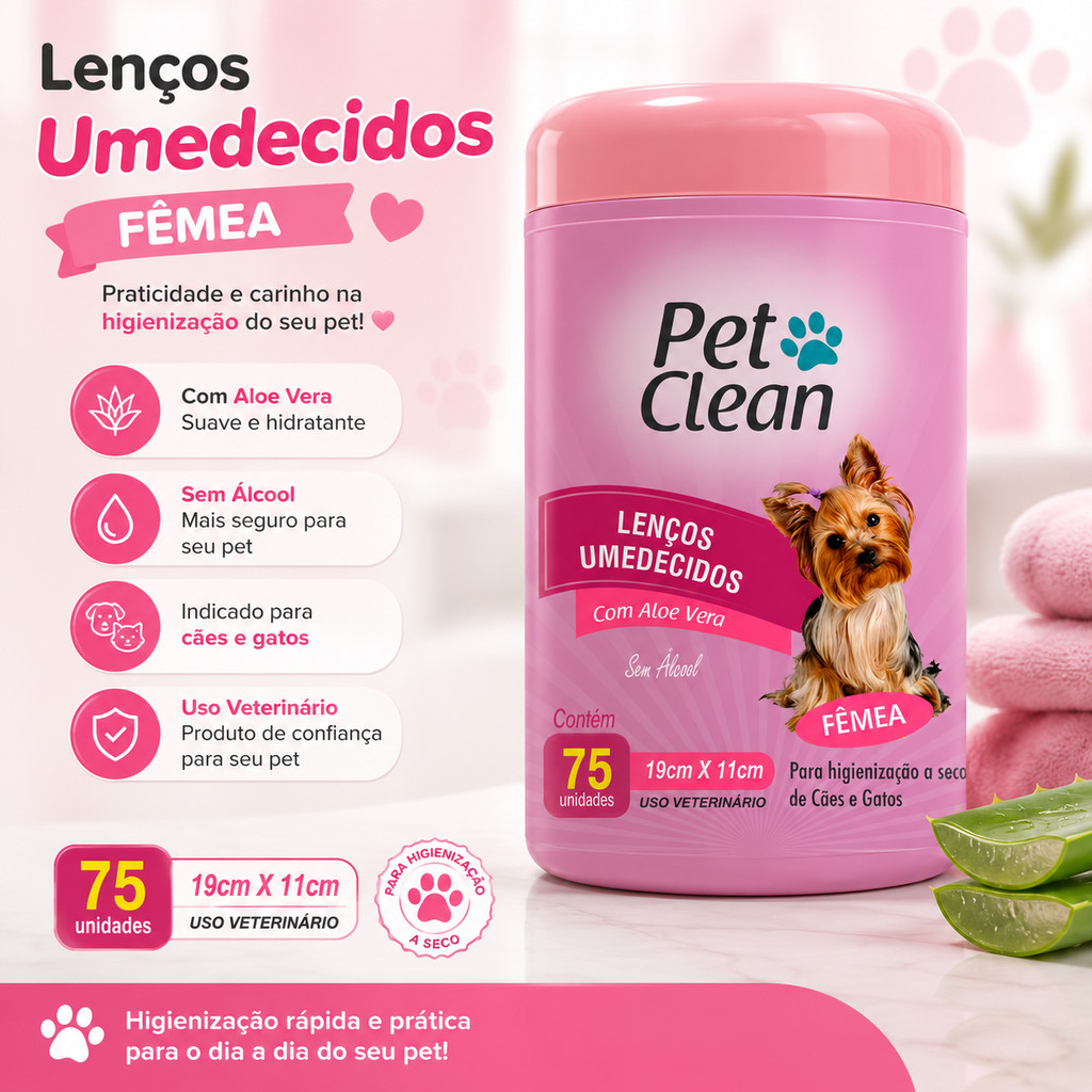 Toalha Lenço Umedecido Para Caes E Gatos Pet Fêmea Pote com 75 Unidades Sem Alcool Pet · foto 2