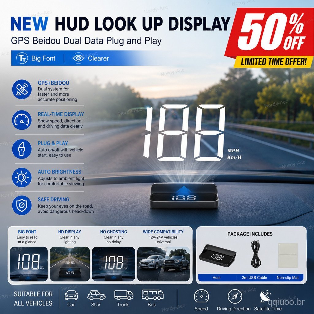 Display Universal HUD Head Up Para Carro , Velocímetro Digital GPS , Projeção De Pára-Brisa , Fonte Grande KM/H , Plug &