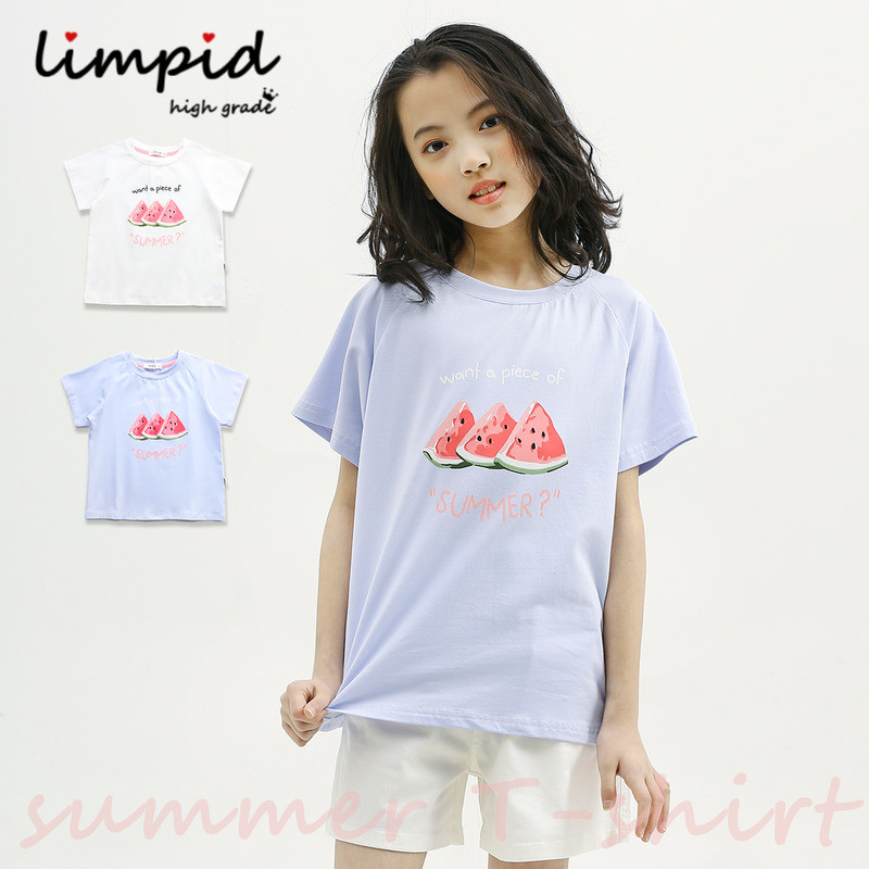 Melancia e verão ~ meninas puro algodão manga curta camisetas médio grande crianças estilo verão algodão impresso solto 