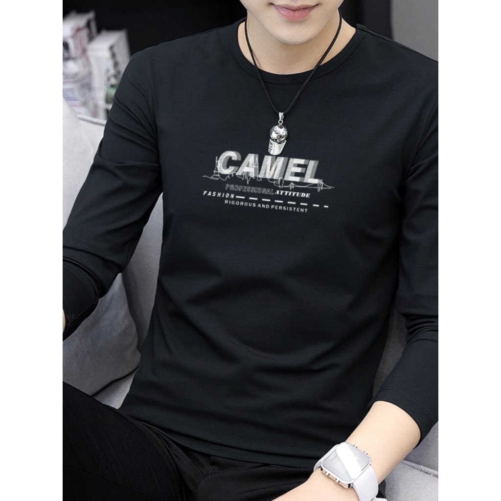Camiseta masculina de manga comprida de algodão puro impressa 2025 novo estilo camiseta masculina roupa interna roupas d