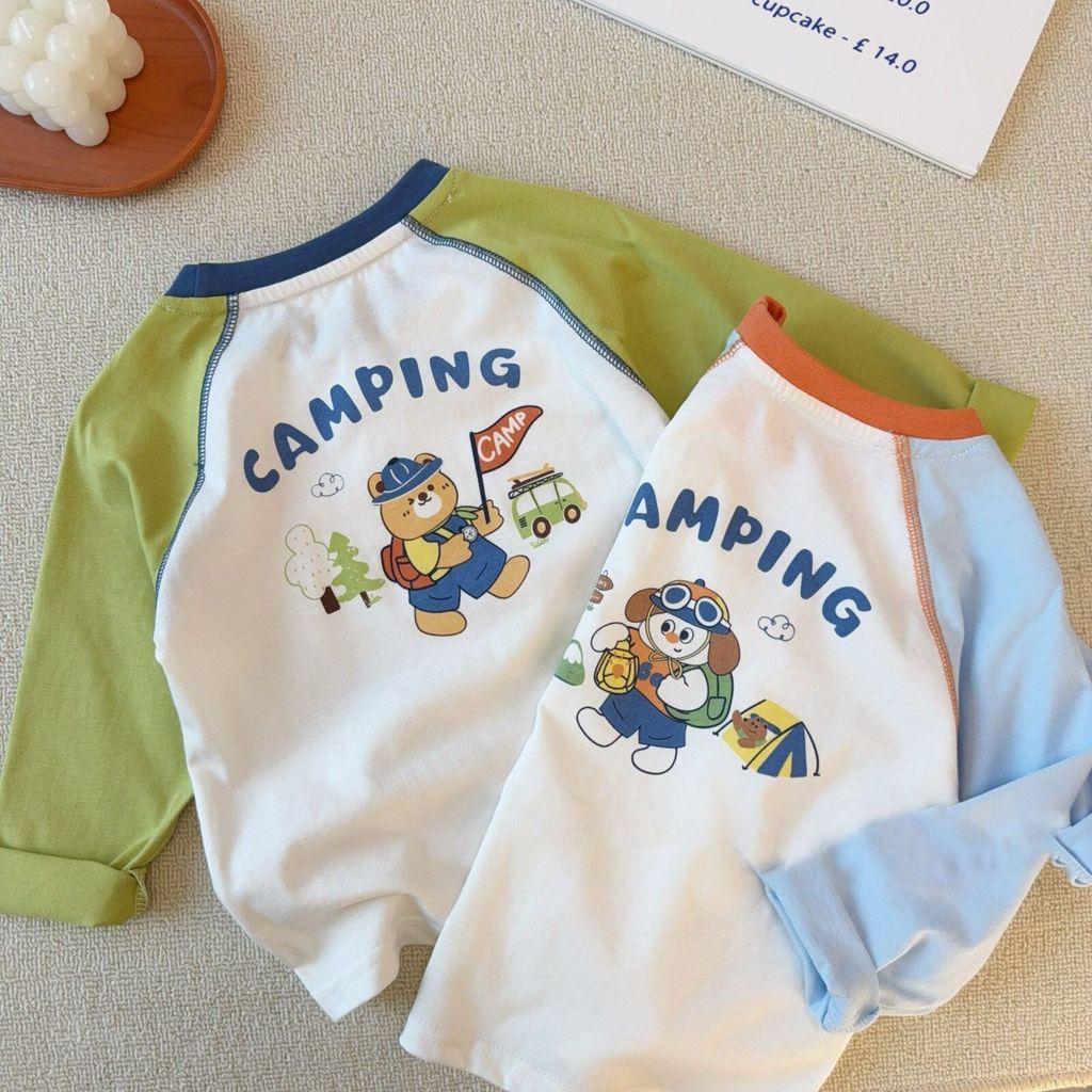 Meninos camiseta de manga comprida primavera outono versão coreana simples moda dos desenhos animados urso impressão cor