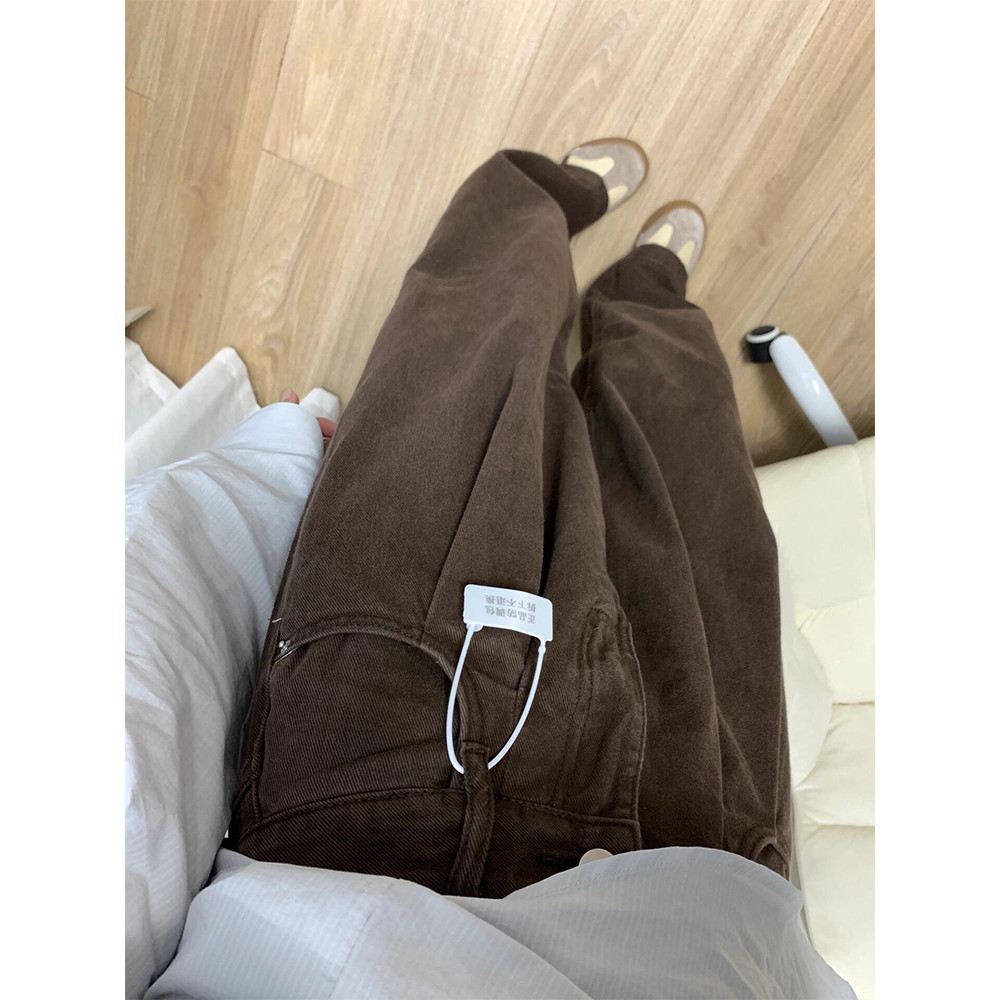 Tamanho grande Melade Jeans perna larga mais magro olhar estilo preguiçoso gordura mm calças de café escuro forma de pêr