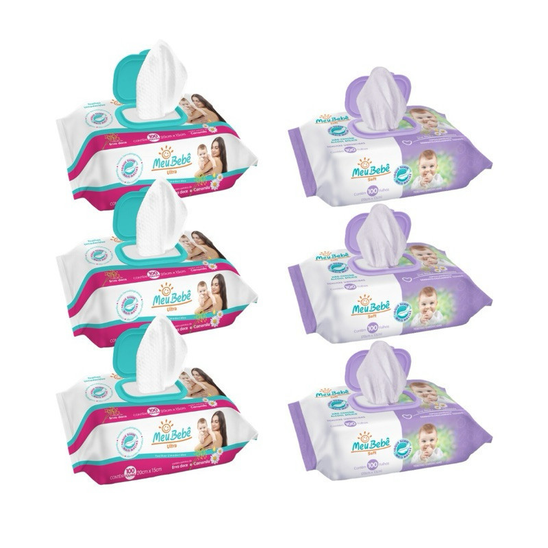KIT TOALHA UMEDECIDA MEU BEBÊ 600 FOLHAS MISTO 3 PACOTES ULTRA COM 100 FOLHAS E 3 PACOTES SOFT COM 100 FOLHAS