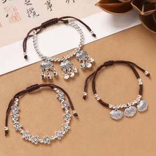 Mão-tecido longevidade bloqueio sino pulseira Retro estilo étnico das mulheres dos homens pulseira de prata tibetana nov
