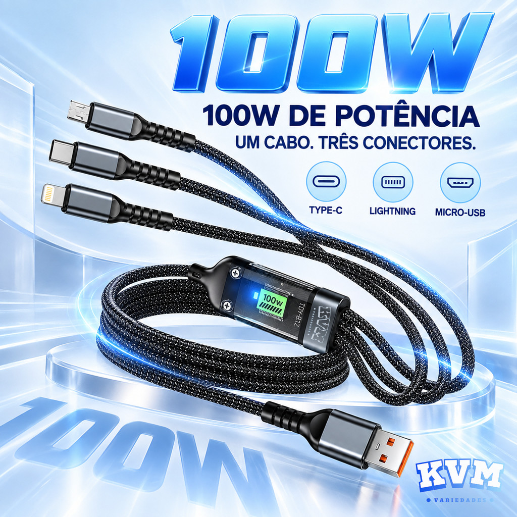 Cabo Carregador 3 em 1 100W Reforçado 1,2m Tipo C Lightning Micro USB Carga Rápida e Transferência de Dados