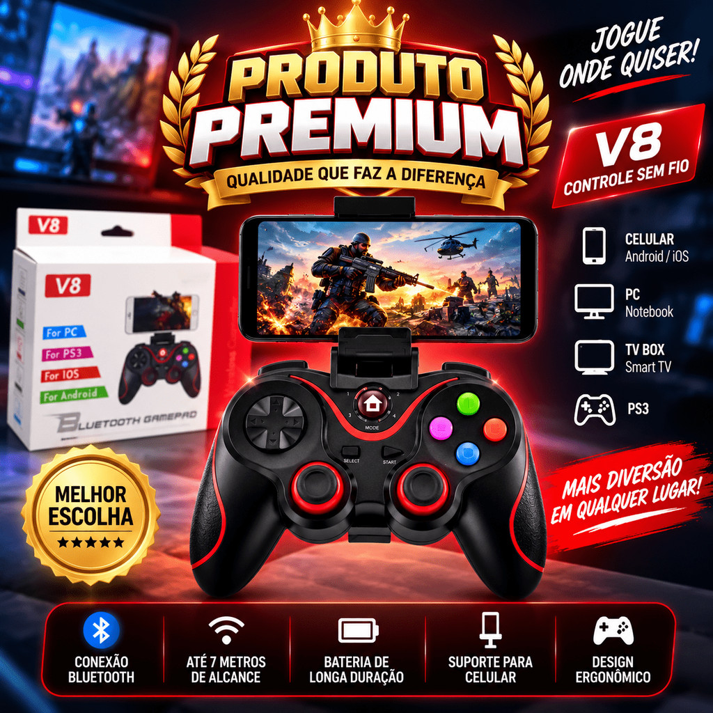 Controle Sem Fio V8 Bluetooth para Celular, PC, PS3 e Android com Suporte para Smartphone