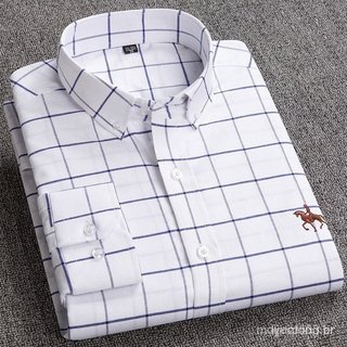 Camisa de manga comprida, 100% algodão puro, com padrão xadrez Oxford e bordados, camisa casual masculina, estilo corean