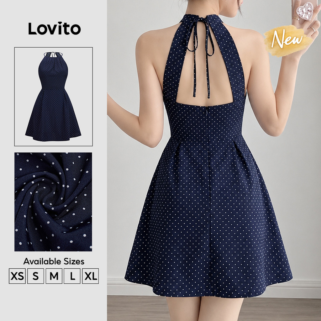 (New Arrival) Lovito Vestido Azulmarinho Curto Evasê Com Poás Costas Abertas E Amarração Para Mulher DRB205P2D299