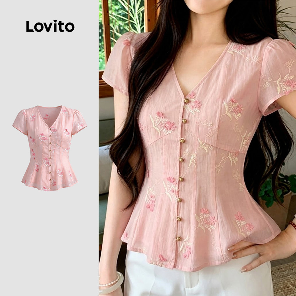 Lovito Blusa Elegante Botões Frontais Padrão Confortável e Estilosa Blusa Leve Amarela Claro BLK8P2D123
