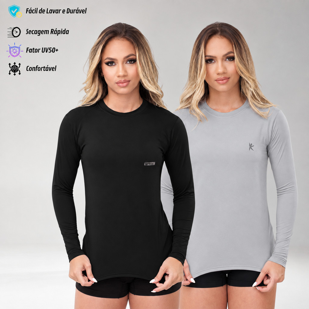 Kit 2 Camisa Térmica Feminina Proteção Solar UV50 Segunda Pele Camiseta Manga Longa Malha Fria Blusa Praia Pesca Plus