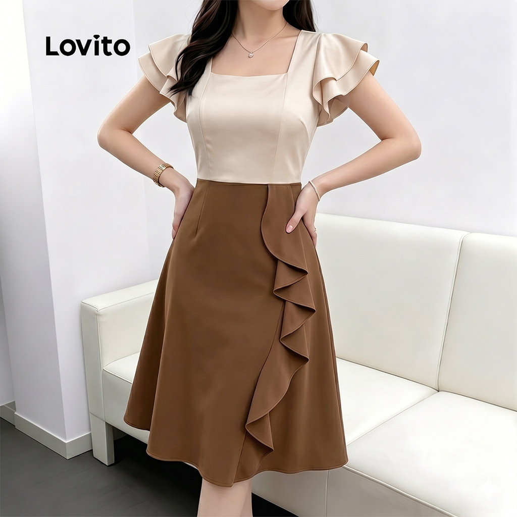 Lovito Vestido Elegante Com Babados E Zíper Falso 2 Em 1 Para Primavera/verão Feminino (sem Cinto) LK6ED162 · foto 2