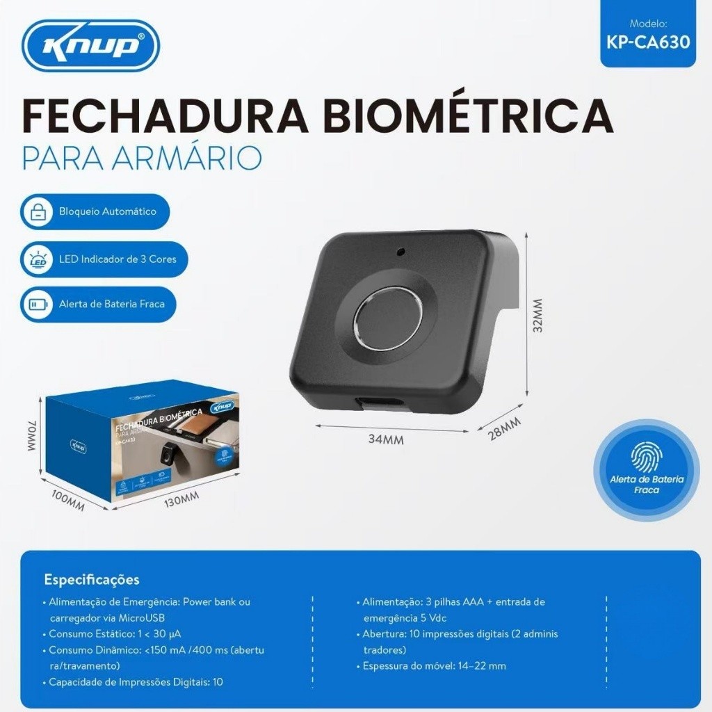 Fechadura Biométrica para Gaveta e Armário com Leitor Digital, Micro USB e Bloqueio Automático