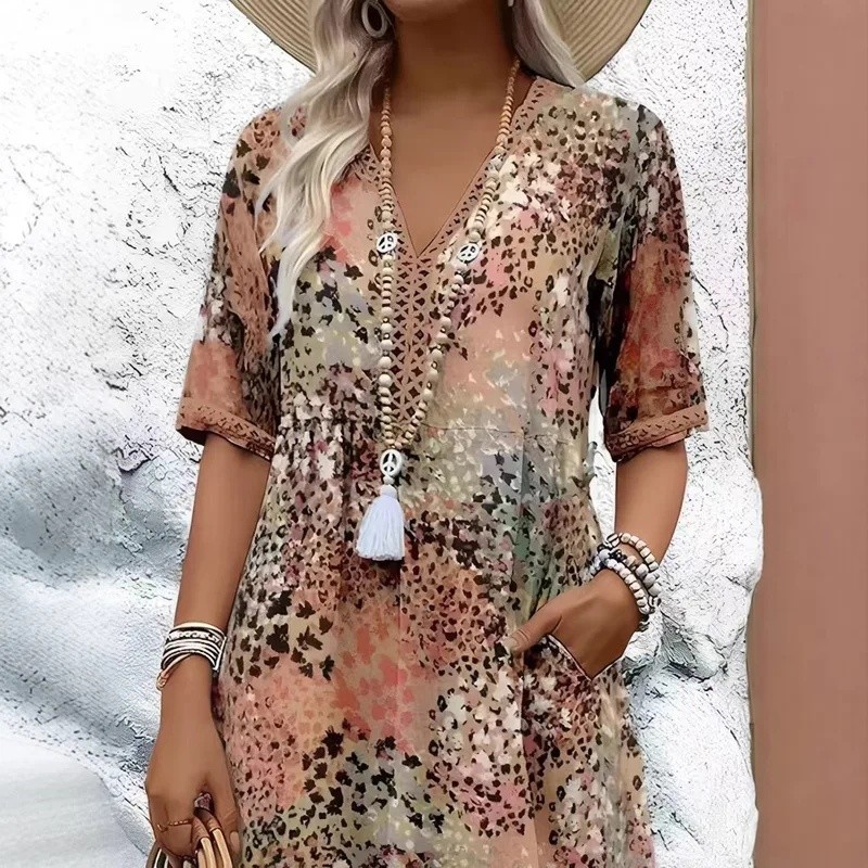 Vestido com detalhes em renda floral europeia – modelo com decote em V e mangas curtas, nova coleção, vestido de verão f