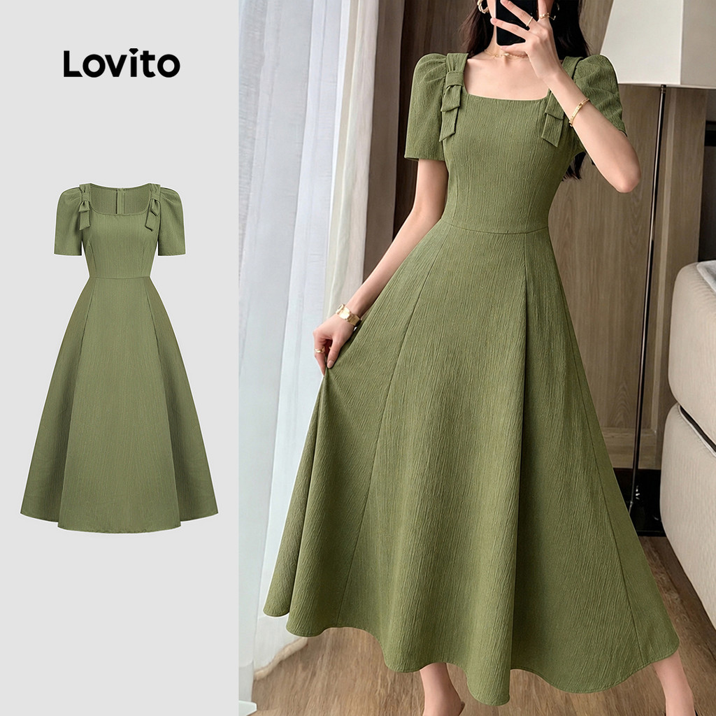 Lovito Vestido Elegante Laço Frontal Barra em Babado Zíper Vestido Verdeoliva para mulheres L199ED603