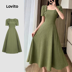 Lovito Vestido Elegante Laço Frontal Barra em Babado Zíper Vestido Verdeoliva para mulheres L199ED603