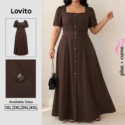 Lovito Vestido Elegante Marrom com Botões Frontais Acabamento Franzido e Alface para mulheres DRK8BR159