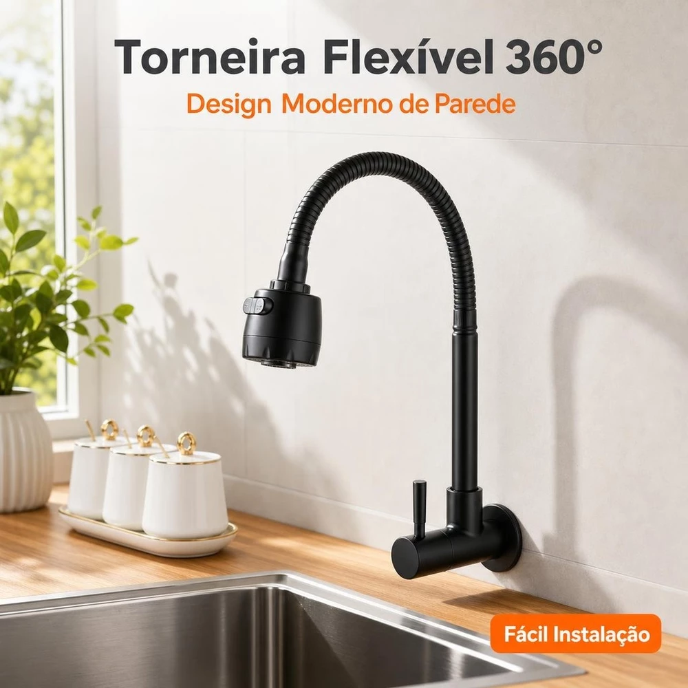 Torneira Inox Prata/Preto Com Chuveiro Com Rotação De 360° Cozinha Luxo Parede Promoção