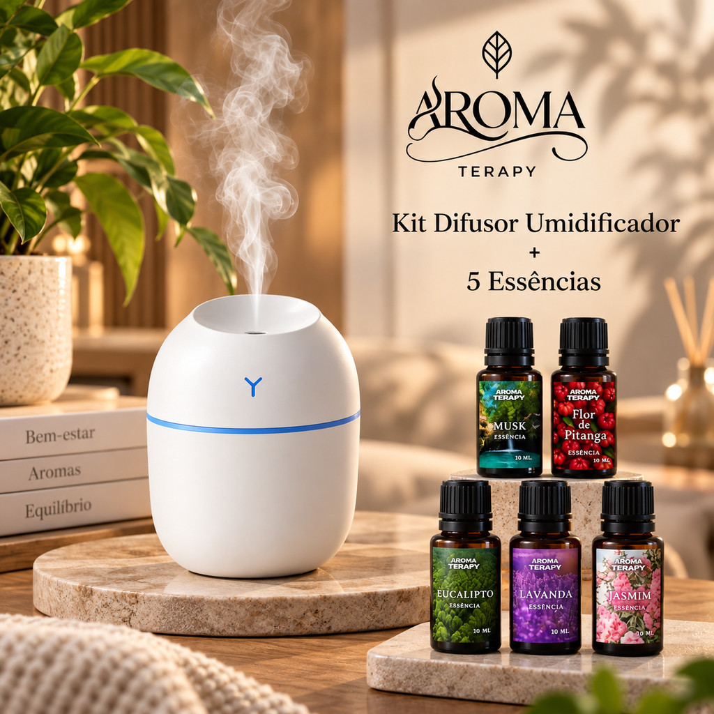 Kit de Umidificador Aromatizador +5 Essências | Difusor de Ambient + Essências Aromatizantes 20ml