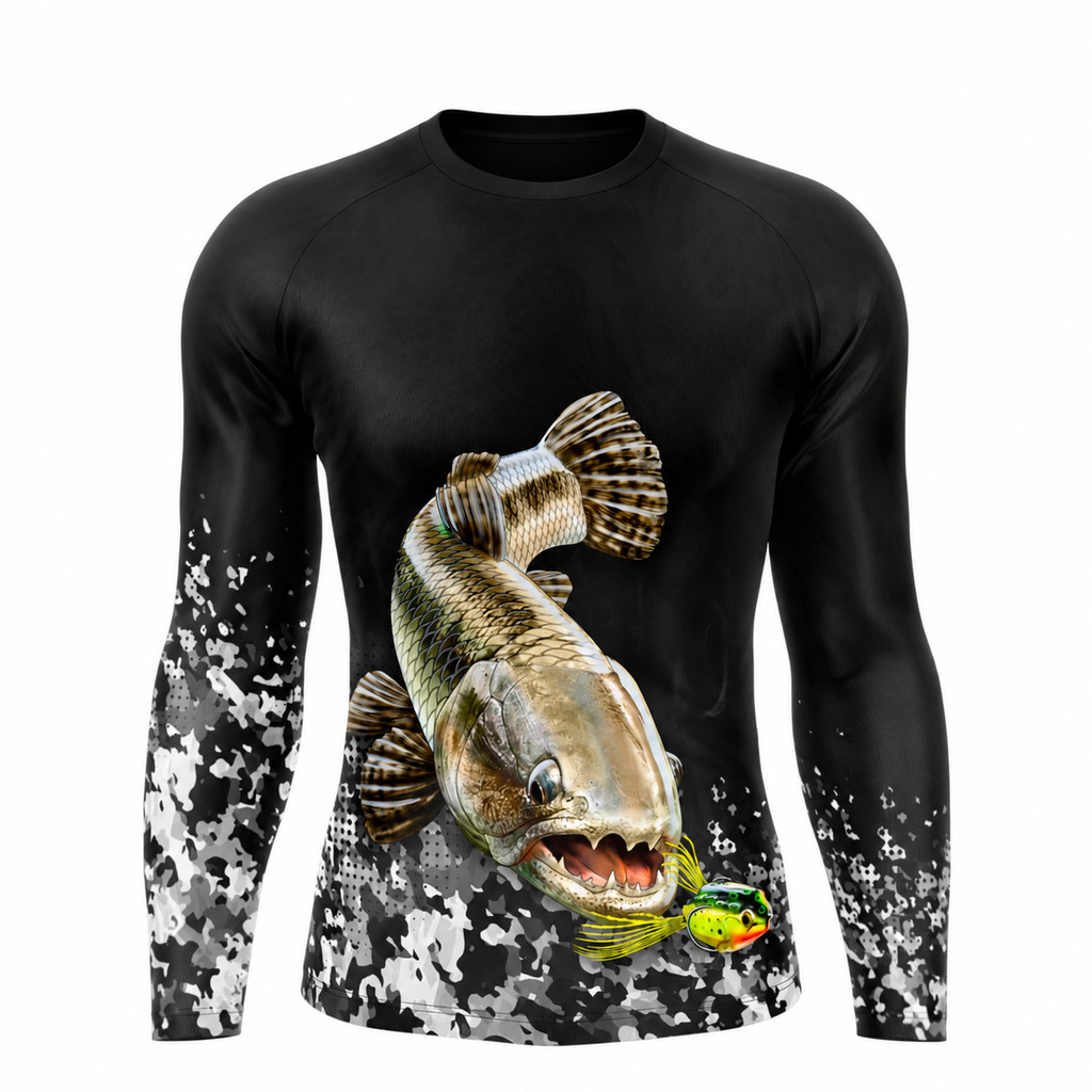 Camisa Camiseta Blusa de Pesca Traíra Cinza Masculina Manga Longa Estampa de Peixe Cinza