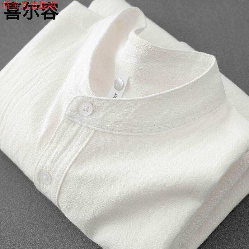 Único desgaste de fundo dois está bem Henry Collar Algodão Linho Camisa de manga curta Cor sólida Linho Gola alta Verão 