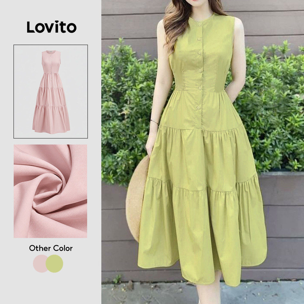 Lovito Vestido Casual Estruturado Com Botões Verde Para Primavera/verão L149ED1235