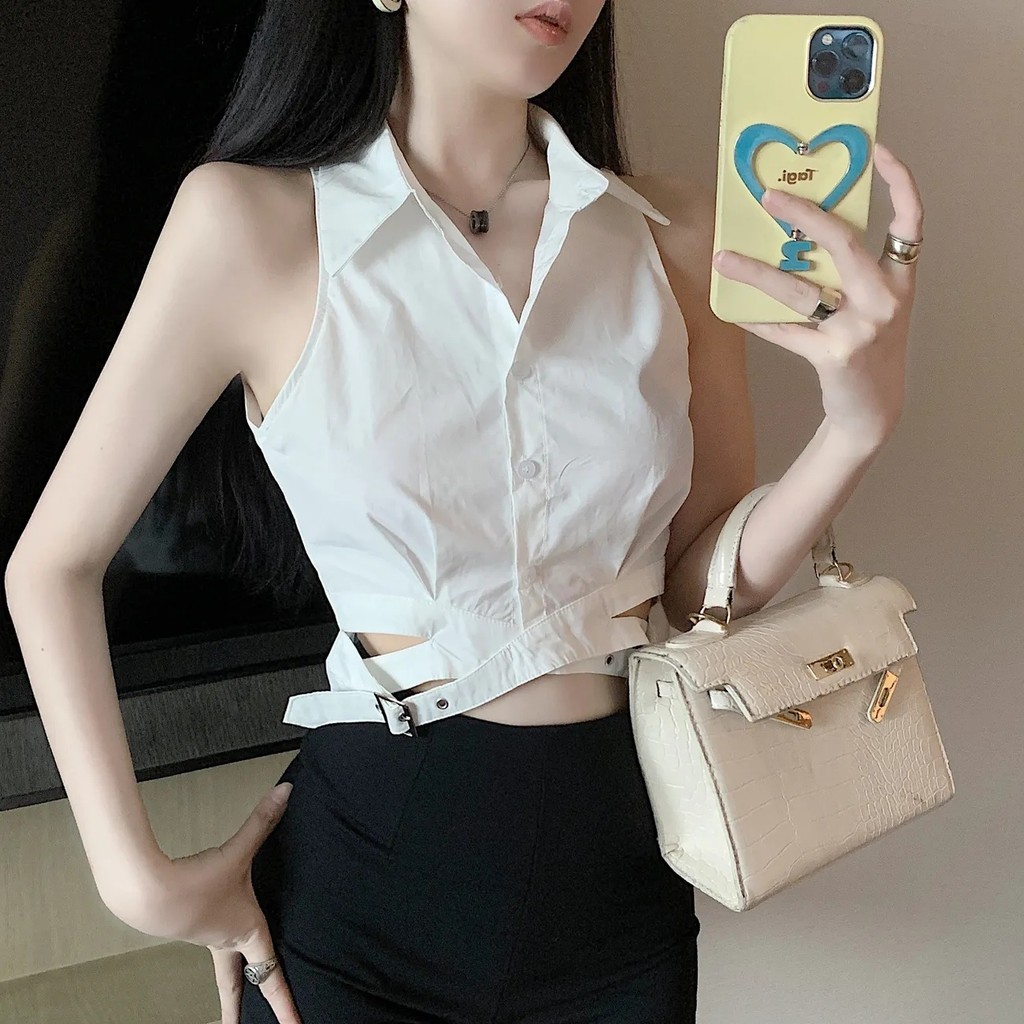 Chique quente menina temperamento gola polo camisa sem mangas colete feminino Design sentido verão Irregular curto fino-