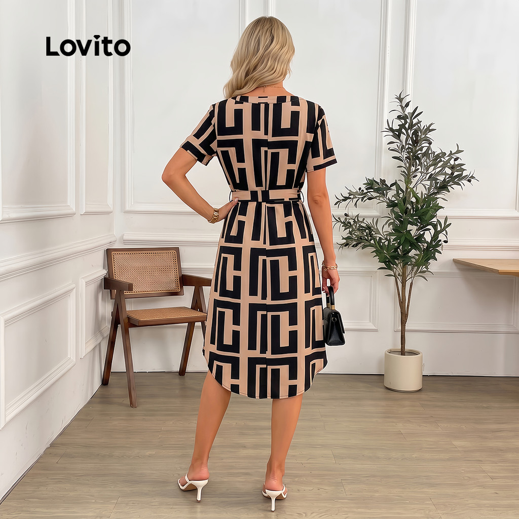 Lovito Casual Vestido Com Estampa Geométrica Vestido Com Cadarço Para Mulheres Bordado LNL75255 · foto 2