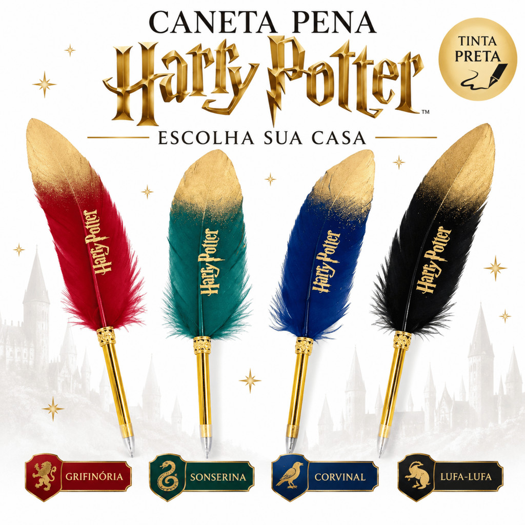 Caneta Pena Harry Potter Esferográfica Hogwarts Grifinória Sonserina Corvinal Lufa-Lufa