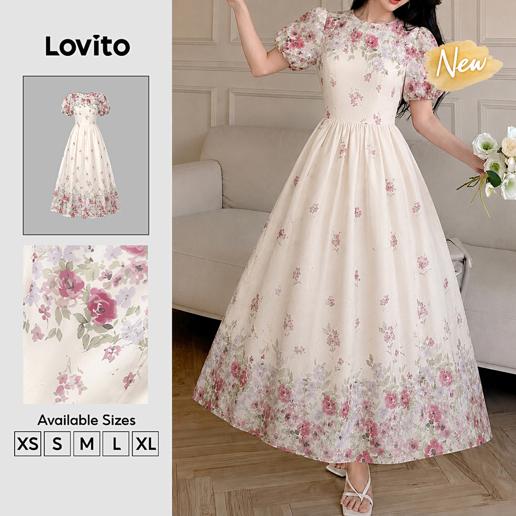 (New Arrival) Lovito Vestido Elegante com Drapido Estampa Da Primavera/verão Branco para Mulheres DRK9P1D155