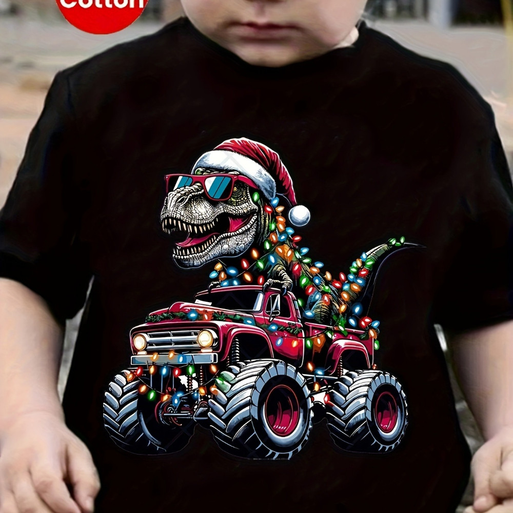 Camiseta Infantil Dinossauro T-Rex Natal Monster Truck Blusa Natalina Menino 100% Algodão