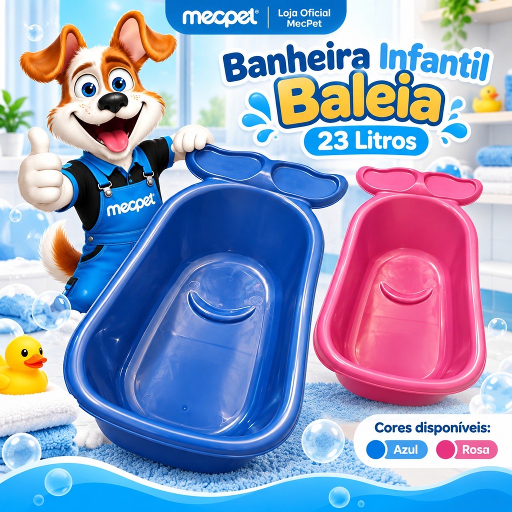 Banheira Infantil Baleia 23 Litros para Bebê com Porta Shampoo e Sabonete Azul ou Rosa
