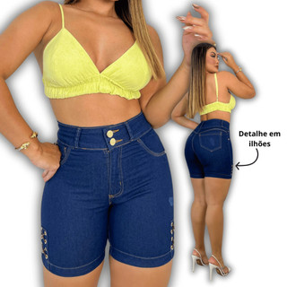 Short Jeans Feminino Meia Coxa Com Lycra Cintura Alta Ilhos Lateral Levanta Bumbum