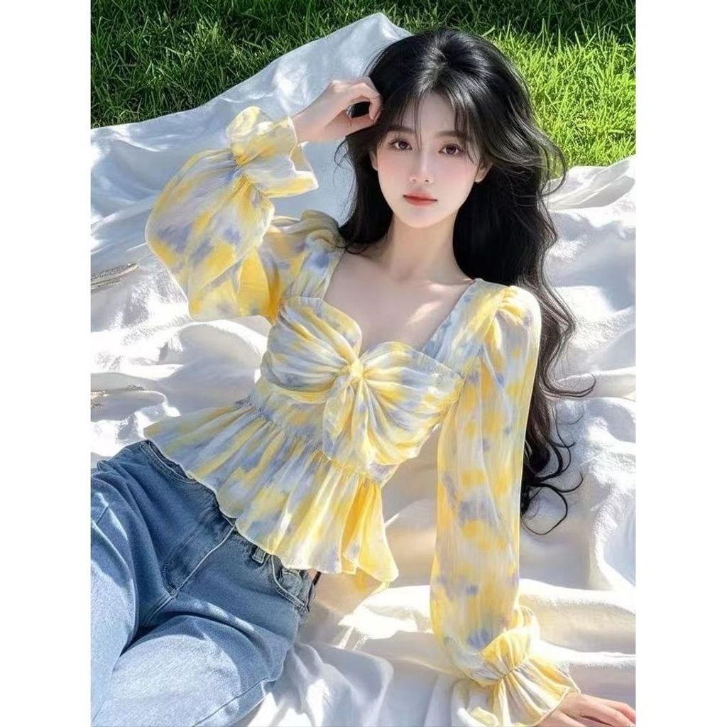 Amarelo High-End impresso Design camisa de manga comprida feminina primavera Chiffon redução de idade estilo ocidental b