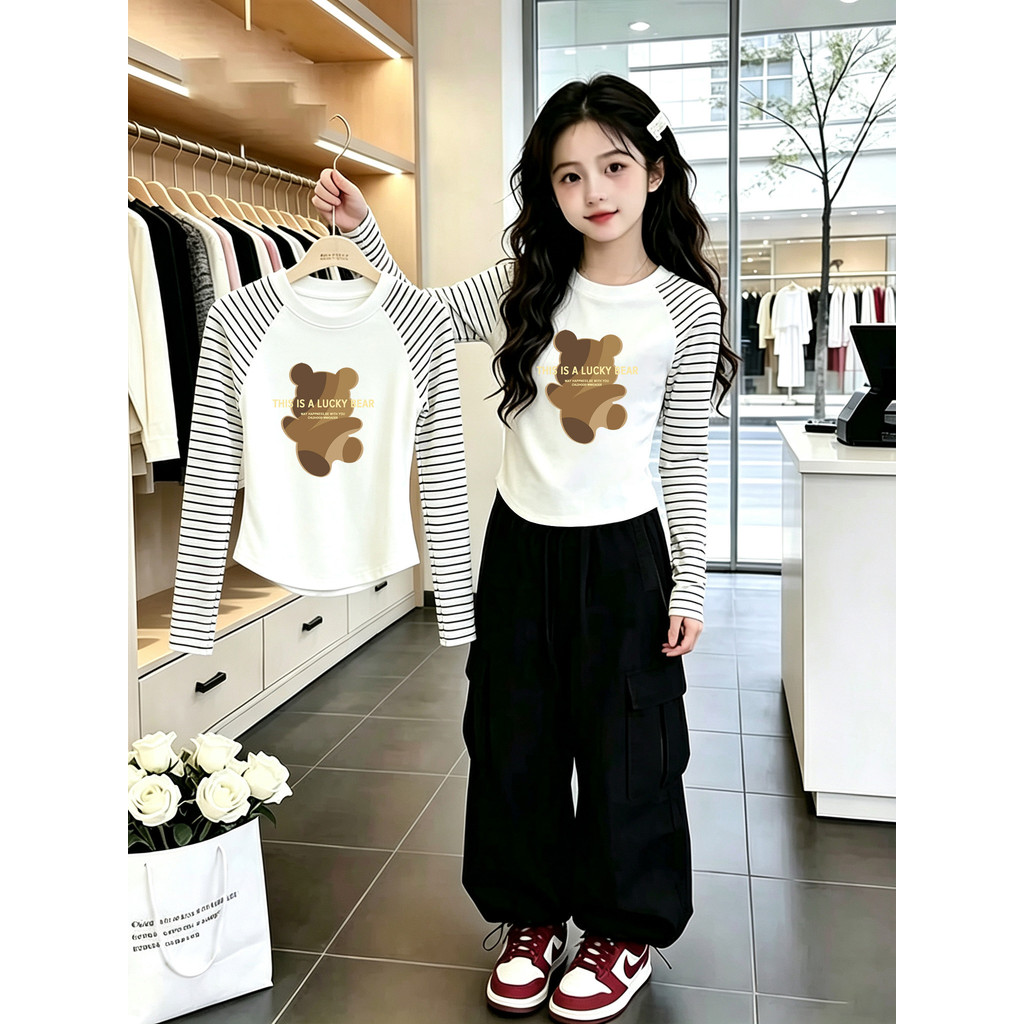 Meninas de manga comprida camiseta outono novo estilo grandes crianças moda impressa magro-ajuste All-Match menina listr