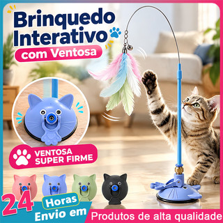 Brinquedo Interativo para Gatos Varinha com Pena e Sino Ventosa Fixa no Piso Estimula Caça