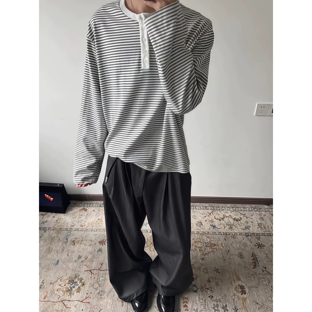 Botão Henry colarinho listrado de manga comprida camiseta masculina primavera outono estilo preguiçoso moletom interno c