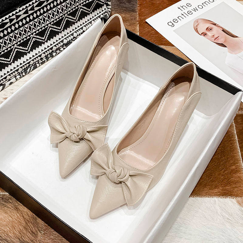 Couro macio sola macia salto Stiletto apontou Toe estudante salto alto feminino 2023 novo estilo preto profissional etiq