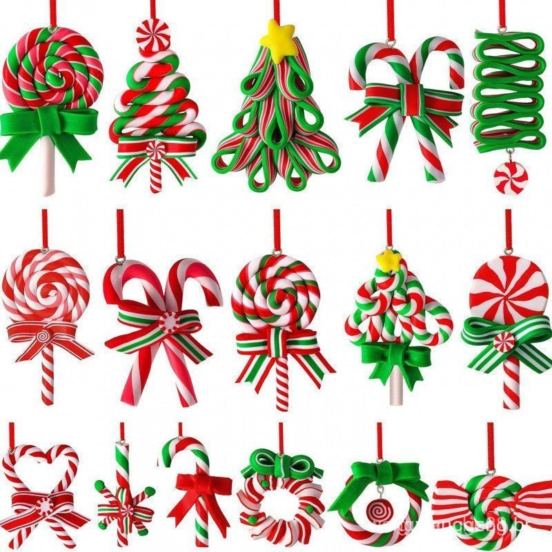 16 peças decorações de pirulito de Natal coloridas Mini pingentes de bastão de doces argila de polímero pingente de hort