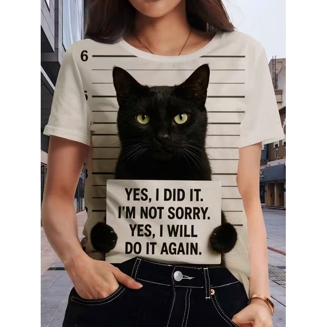 Camiseta Feminina Manga Curta Estampada Gato Preto Divertida Confortável Estilosa Moderna para Moda Casual Tendência